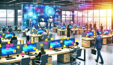 Offenes, modernes Büro mit diversen Menschen und Robotern, die gemeinschaftlich an Schreibtischen arbeiten. Datenströme und Post-its mit den Worten ‚Upskilling‘, ‚Innovation‘ und ‚New Work‘ sind sichtbar.