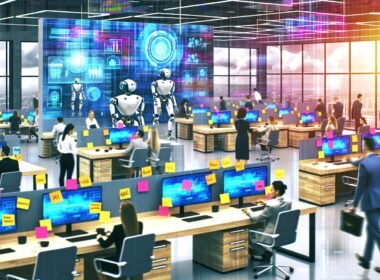 Offenes, modernes Büro mit diversen Menschen und Robotern, die gemeinschaftlich an Schreibtischen arbeiten. Datenströme und Post-its mit den Worten ‚Upskilling‘, ‚Innovation‘ und ‚New Work‘ sind sichtbar.