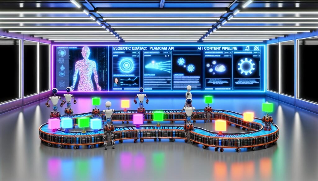 Futuristisches Büro mit Plasmic AI Content Pipeline, digitalen Interfaces, Roboterarmen und überraschten menschlichen Editoren