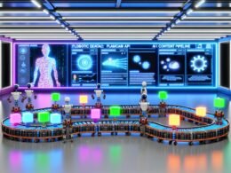 Futuristisches Büro mit Plasmic AI Content Pipeline, digitalen Interfaces, Roboterarmen und überraschten menschlichen Editoren