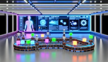 Futuristisches Büro mit Plasmic AI Content Pipeline, digitalen Interfaces, Roboterarmen und überraschten menschlichen Editoren