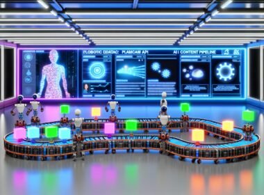 Futuristisches Büro mit Plasmic AI Content Pipeline, digitalen Interfaces, Roboterarmen und überraschten menschlichen Editoren