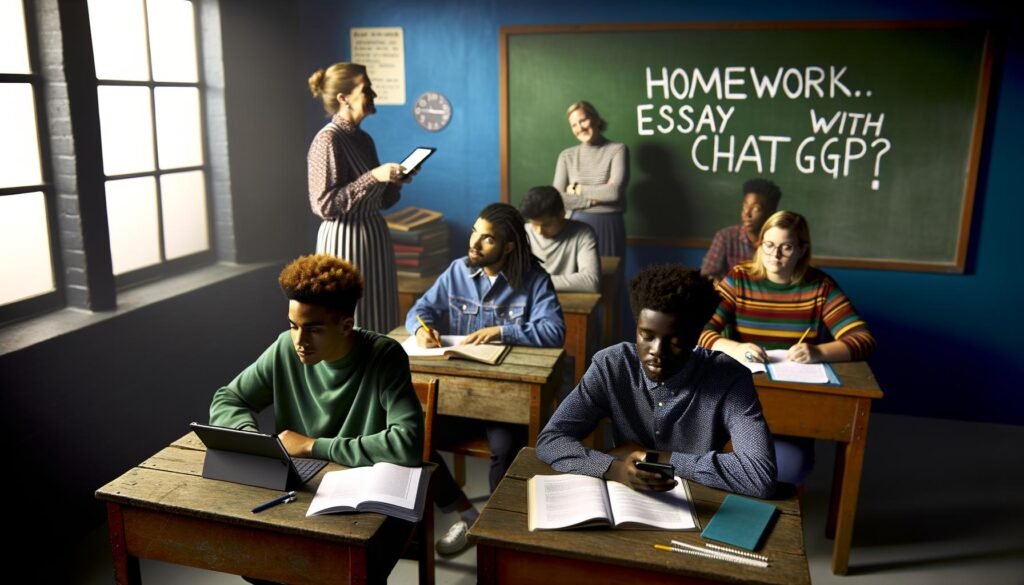 Modernes Klassenzimmer mit traditionellen Holztischen, Schülern mit Tablets und Laptops, einer Tafel mit der Aufschrift 'Hausaufgaben: Aufsatz mit ChatGPT?' und einer Lehrerin im Hintergrund.