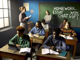 Modernes Klassenzimmer mit traditionellen Holztischen, Schülern mit Tablets und Laptops, einer Tafel mit der Aufschrift 'Hausaufgaben: Aufsatz mit ChatGPT?' und einer Lehrerin im Hintergrund.