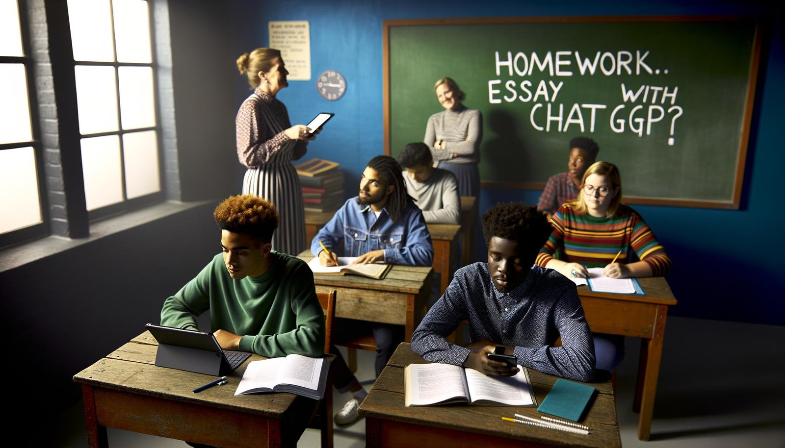 Modernes Klassenzimmer mit traditionellen Holztischen, Schülern mit Tablets und Laptops, einer Tafel mit der Aufschrift 'Hausaufgaben: Aufsatz mit ChatGPT?' und einer Lehrerin im Hintergrund.