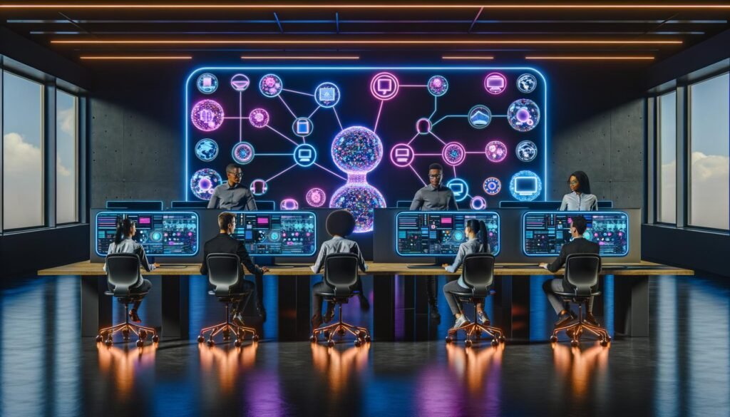 Hightech-Arbeitsplatz mit diversen Entwickler:innen und Marketer:innen an digitalen und holographischen Interfaces, zentral das Plasmic Creator Interface mit Workflow- und API-Visualisierung.