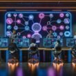 Hightech-Arbeitsplatz mit diversen Entwickler:innen und Marketer:innen an digitalen und holographischen Interfaces, zentral das Plasmic Creator Interface mit Workflow- und API-Visualisierung.
