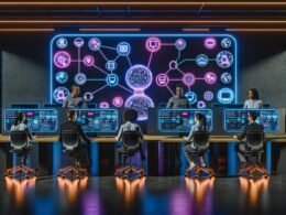 Hightech-Arbeitsplatz mit diversen Entwickler:innen und Marketer:innen an digitalen und holographischen Interfaces, zentral das Plasmic Creator Interface mit Workflow- und API-Visualisierung.