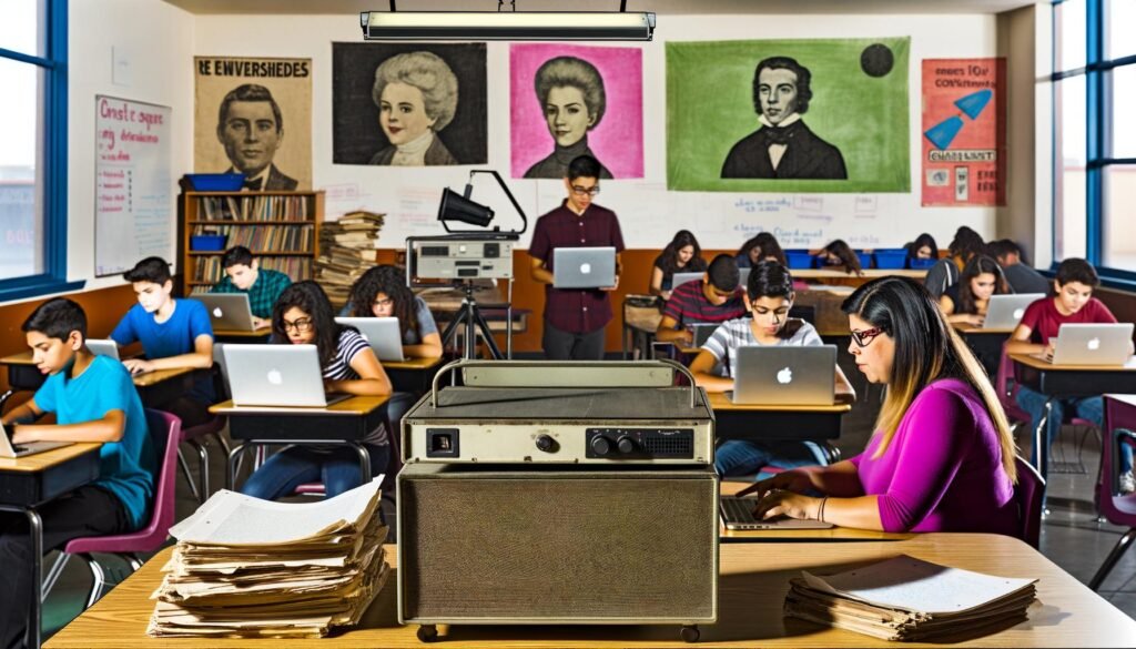 Ein authentisches, farbenfrohes Klassenzimmer mit Schülern, die sowohl digitale Geräte wie Tablets und Laptops als auch traditionelle Overheadprojektoren und Papierstapel nutzen. Im Raum herrscht eine dynamische, chaotische, aber produktive Atmosphäre.