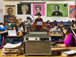 Ein authentisches, farbenfrohes Klassenzimmer mit Schülern, die sowohl digitale Geräte wie Tablets und Laptops als auch traditionelle Overheadprojektoren und Papierstapel nutzen. Im Raum herrscht eine dynamische, chaotische, aber produktive Atmosphäre.