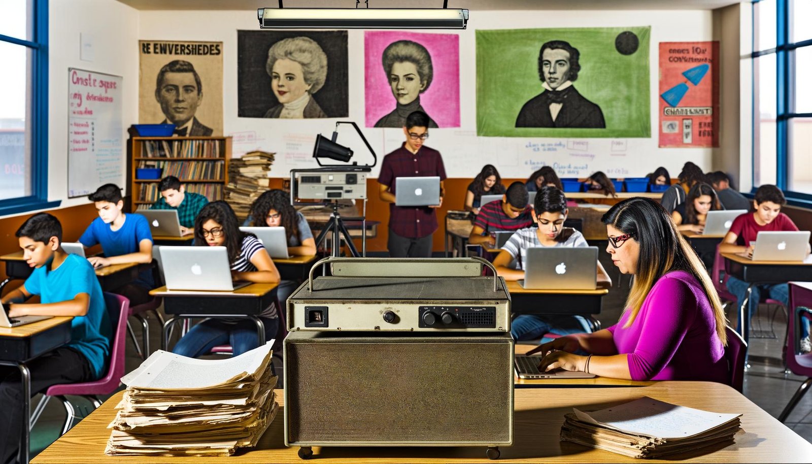 Ein authentisches, farbenfrohes Klassenzimmer mit Schülern, die sowohl digitale Geräte wie Tablets und Laptops als auch traditionelle Overheadprojektoren und Papierstapel nutzen. Im Raum herrscht eine dynamische, chaotische, aber produktive Atmosphäre.