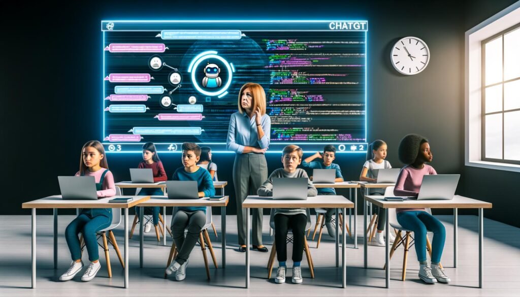 Schülerinnen und Schüler sitzen in einem modernen Klassenzimmer mit Laptops und Tablets, ChatGPT-Interface auf den Bildschirmen, Lehrkraft betrachtet einen großen Touchscreen mit Diagrammen, Chatverläufen und Code; digitale Uhr im Hintergrund.