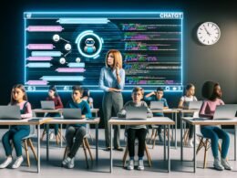 Schülerinnen und Schüler sitzen in einem modernen Klassenzimmer mit Laptops und Tablets, ChatGPT-Interface auf den Bildschirmen, Lehrkraft betrachtet einen großen Touchscreen mit Diagrammen, Chatverläufen und Code; digitale Uhr im Hintergrund.