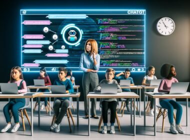 Schülerinnen und Schüler sitzen in einem modernen Klassenzimmer mit Laptops und Tablets, ChatGPT-Interface auf den Bildschirmen, Lehrkraft betrachtet einen großen Touchscreen mit Diagrammen, Chatverläufen und Code; digitale Uhr im Hintergrund.