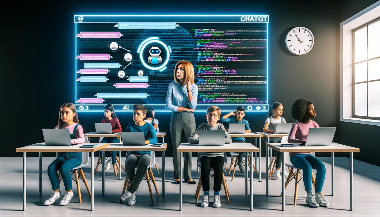 Schülerinnen und Schüler sitzen in einem modernen Klassenzimmer mit Laptops und Tablets, ChatGPT-Interface auf den Bildschirmen, Lehrkraft betrachtet einen großen Touchscreen mit Diagrammen, Chatverläufen und Code; digitale Uhr im Hintergrund.