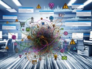Grafik zur digitalen Customer Journey mit Touchpoints wie Website, App, E-Mail und Social Media, Friction Points, Conversion-Icons und Datenanalyse im Hintergrund