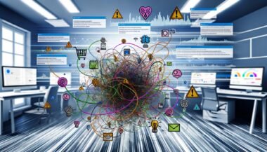 Grafik zur digitalen Customer Journey mit Touchpoints wie Website, App, E-Mail und Social Media, Friction Points, Conversion-Icons und Datenanalyse im Hintergrund