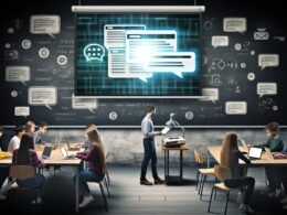 Schüler in einem modernen Klassenzimmer mit Laptops, Tablets und ChatGPT auf dem Bildschirm, Lehrer unterstützt Gruppenarbeit, traditionelle Tafeln und Overheadprojektor verstauben am Rand.