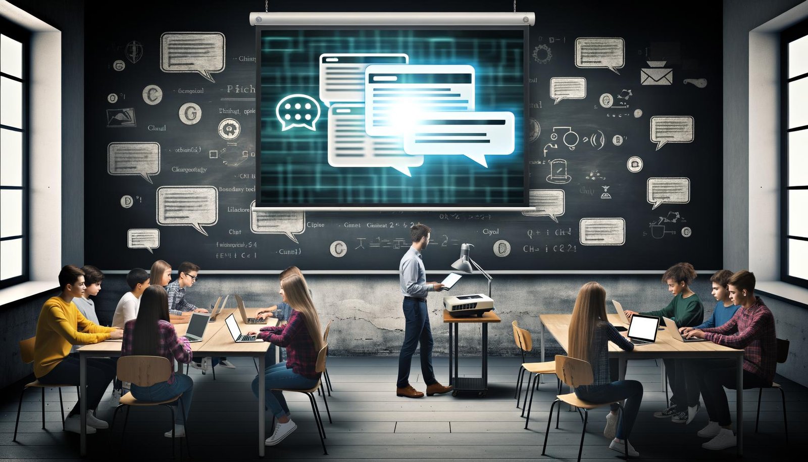Schüler in einem modernen Klassenzimmer mit Laptops, Tablets und ChatGPT auf dem Bildschirm, Lehrer unterstützt Gruppenarbeit, traditionelle Tafeln und Overheadprojektor verstauben am Rand.