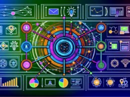 Abstraktes Netzwerk mit bunten Linien und Verbindungspunkten, zentralem Dashboard mit KPIs und Icons für verschiedene Customer Journey-Touchpoints im innovativen Technologie-Look.