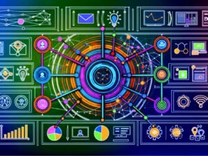 Abstraktes Netzwerk mit bunten Linien und Verbindungspunkten, zentralem Dashboard mit KPIs und Icons für verschiedene Customer Journey-Touchpoints im innovativen Technologie-Look.