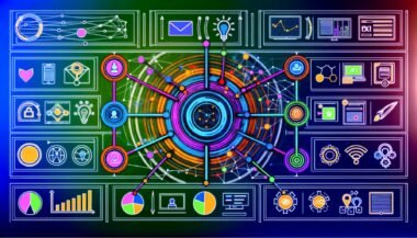 Abstraktes Netzwerk mit bunten Linien und Verbindungspunkten, zentralem Dashboard mit KPIs und Icons für verschiedene Customer Journey-Touchpoints im innovativen Technologie-Look.