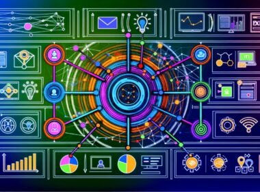 Abstraktes Netzwerk mit bunten Linien und Verbindungspunkten, zentralem Dashboard mit KPIs und Icons für verschiedene Customer Journey-Touchpoints im innovativen Technologie-Look.