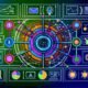 Abstraktes Netzwerk mit bunten Linien und Verbindungspunkten, zentralem Dashboard mit KPIs und Icons für verschiedene Customer Journey-Touchpoints im innovativen Technologie-Look.