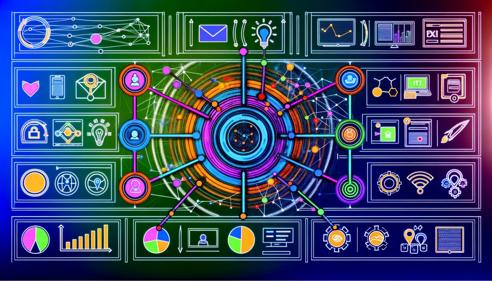 Abstraktes Netzwerk mit bunten Linien und Verbindungspunkten, zentralem Dashboard mit KPIs und Icons für verschiedene Customer Journey-Touchpoints im innovativen Technologie-Look.
