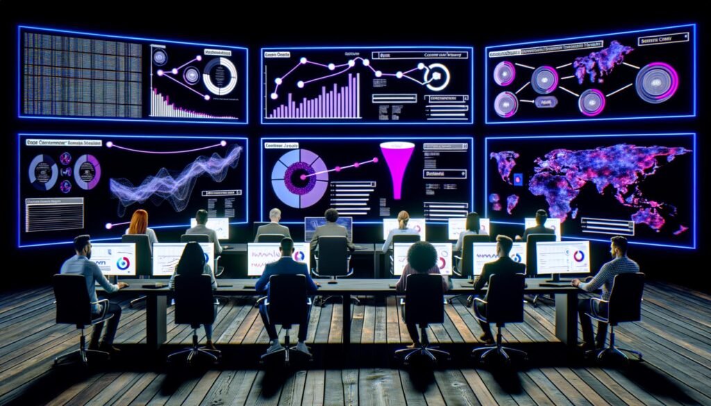 Moderner Kontrollraum mit Monitoren voller Marketing-Daten, Heatmaps und Customer-Journey-Diagrammen, Marketer und Analysten an Schreibtischen, energiegeladene Atmosphäre.