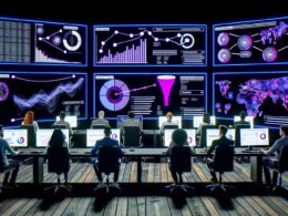 Moderner Kontrollraum mit Monitoren voller Marketing-Daten, Heatmaps und Customer-Journey-Diagrammen, Marketer und Analysten an Schreibtischen, energiegeladene Atmosphäre.