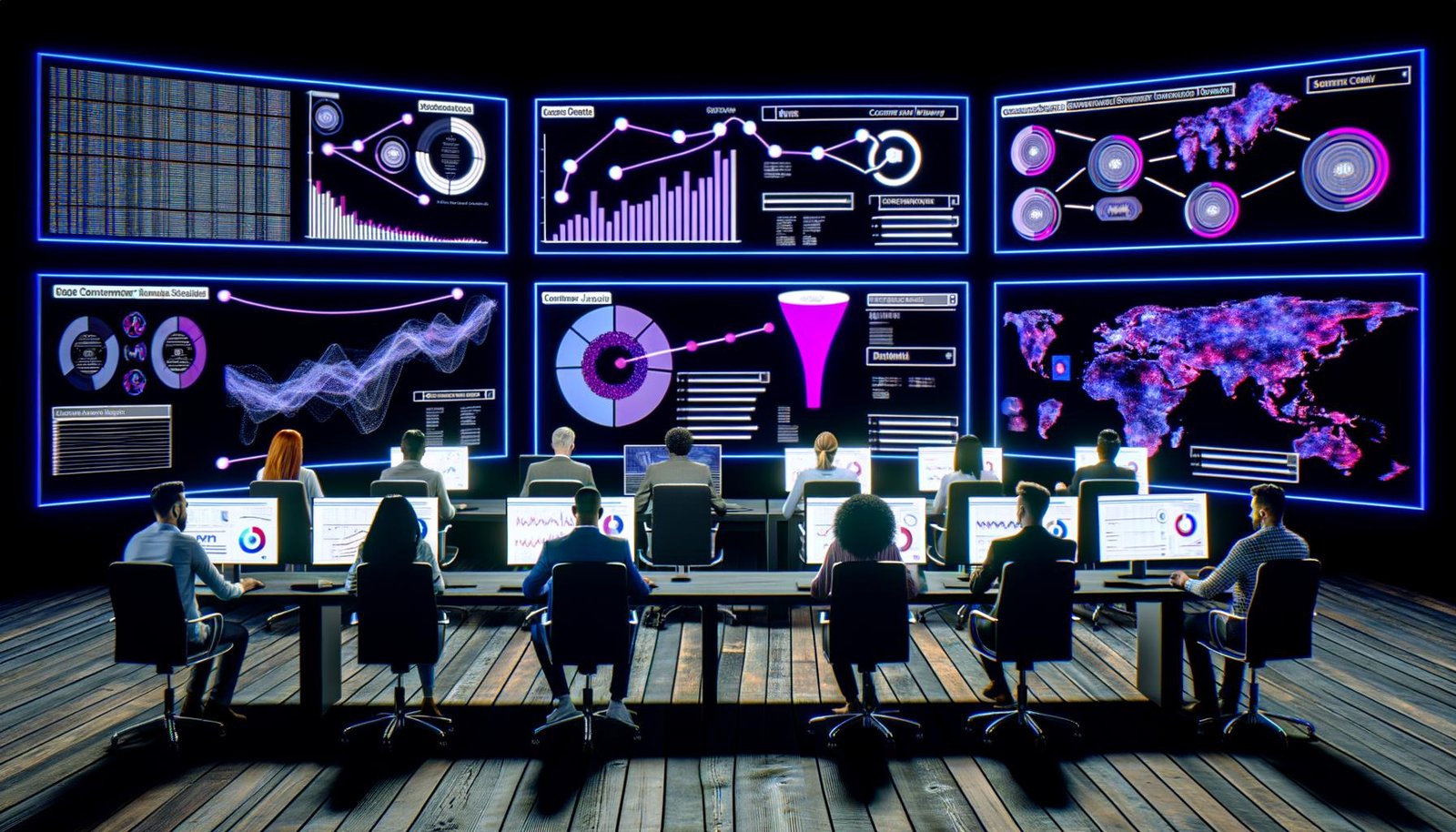 Moderner Kontrollraum mit Monitoren voller Marketing-Daten, Heatmaps und Customer-Journey-Diagrammen, Marketer und Analysten an Schreibtischen, energiegeladene Atmosphäre.