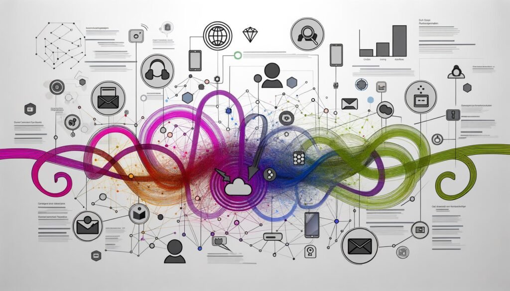 Stilisierte Flowchart-Grafik mit vernetzten Icons für moderne Customer Journey Touchpoints und abstrakten Datensymbolen