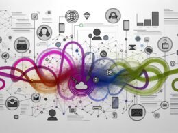 Stilisierte Flowchart-Grafik mit vernetzten Icons für moderne Customer Journey Touchpoints und abstrakten Datensymbolen