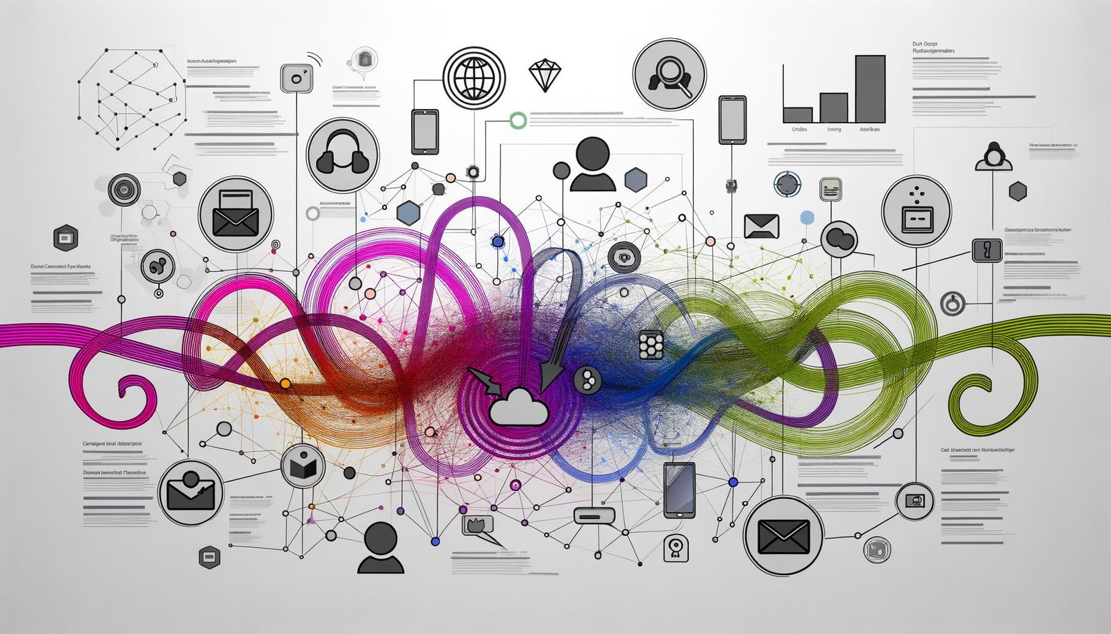 Stilisierte Flowchart-Grafik mit vernetzten Icons für moderne Customer Journey Touchpoints und abstrakten Datensymbolen