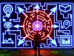 Marketer in dunklem Neonlabyrinth mit hervorgehobenen Kanälen wie Website, App, E-Mail, Social Media und Offline; zentrales Dashboard zeigt Heatmaps und Conversion Funnels.