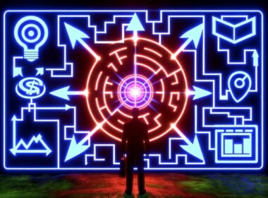Marketer in dunklem Neonlabyrinth mit hervorgehobenen Kanälen wie Website, App, E-Mail, Social Media und Offline; zentrales Dashboard zeigt Heatmaps und Conversion Funnels.