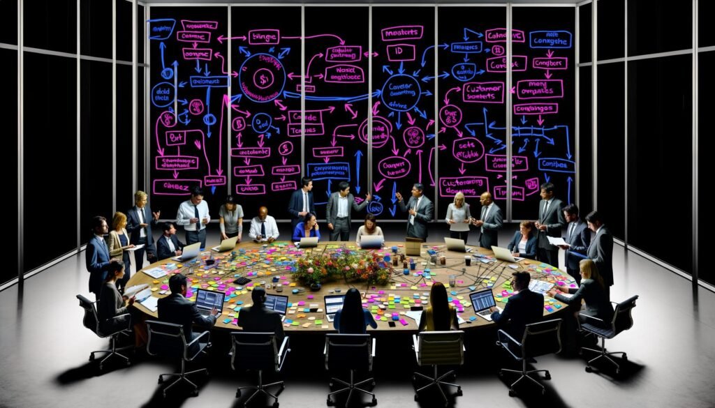 Team sitzt um einen großen Tisch, umgeben von bunten Ausdrucke, Post-Its, Laptops mit Code und komplexen Diagrammen an der Glaswand. Intensiver Austausch zwischen Marketing und Technik.