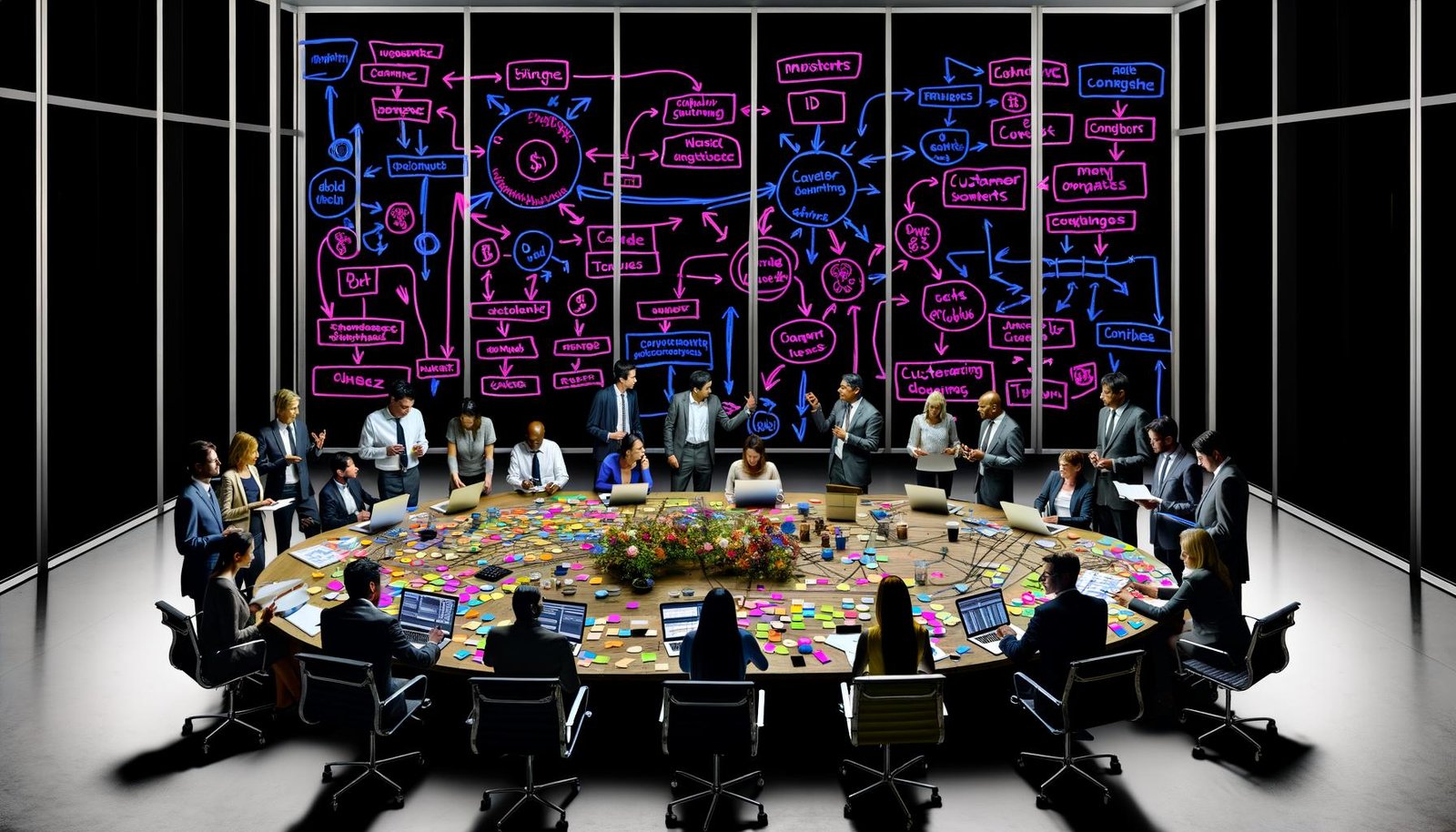 Team sitzt um einen großen Tisch, umgeben von bunten Ausdrucke, Post-Its, Laptops mit Code und komplexen Diagrammen an der Glaswand. Intensiver Austausch zwischen Marketing und Technik.