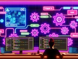 Designer:innen in digitaler Arbeitsumgebung mit mehreren Monitoren, die Automatisierungs-Workflows und moderne Webdesign-Tools wie Plasmic Creator im Neon-Stil bedienen; im Hintergrund schematische Diagramme mit Datenströmen und Symbolen für GitHub, Slack und CI/CD.