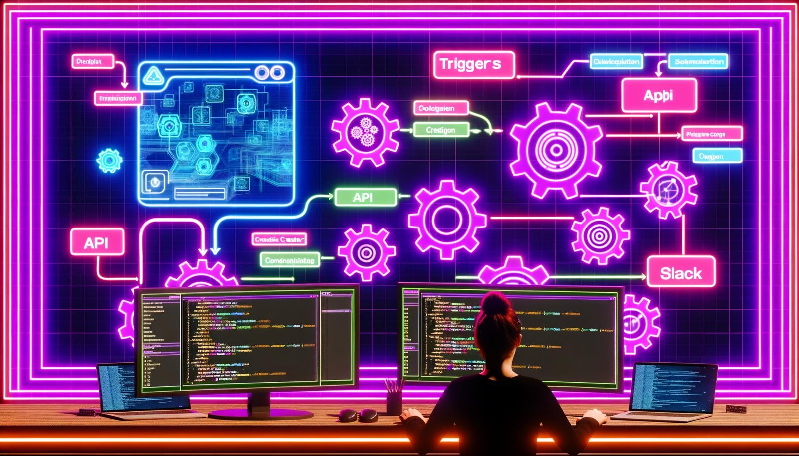 Designer:innen in digitaler Arbeitsumgebung mit mehreren Monitoren, die Automatisierungs-Workflows und moderne Webdesign-Tools wie Plasmic Creator im Neon-Stil bedienen; im Hintergrund schematische Diagramme mit Datenströmen und Symbolen für GitHub, Slack und CI/CD.