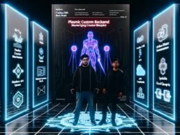 Modernes, düsteres Titelbild mit einem Entwickler und Marketer auf einem digitalen Schlachtfeld, umgeben von Code, Backend-Diagrammen und Server-Stack im Hintergrund. Zeichen für Headless CMS, API, SEO und Cloud sind erkennbar.