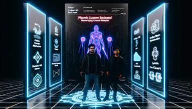 Modernes, düsteres Titelbild mit einem Entwickler und Marketer auf einem digitalen Schlachtfeld, umgeben von Code, Backend-Diagrammen und Server-Stack im Hintergrund. Zeichen für Headless CMS, API, SEO und Cloud sind erkennbar.