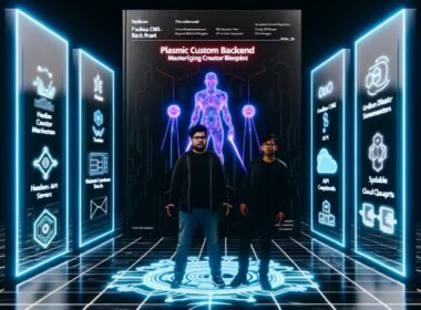 Modernes, düsteres Titelbild mit einem Entwickler und Marketer auf einem digitalen Schlachtfeld, umgeben von Code, Backend-Diagrammen und Server-Stack im Hintergrund. Zeichen für Headless CMS, API, SEO und Cloud sind erkennbar.