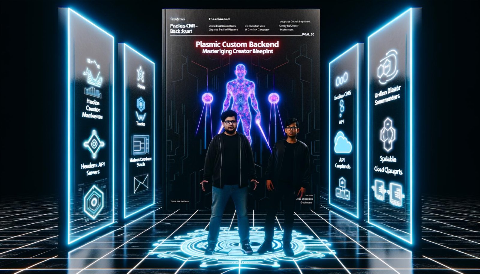 Modernes, düsteres Titelbild mit einem Entwickler und Marketer auf einem digitalen Schlachtfeld, umgeben von Code, Backend-Diagrammen und Server-Stack im Hintergrund. Zeichen für Headless CMS, API, SEO und Cloud sind erkennbar.