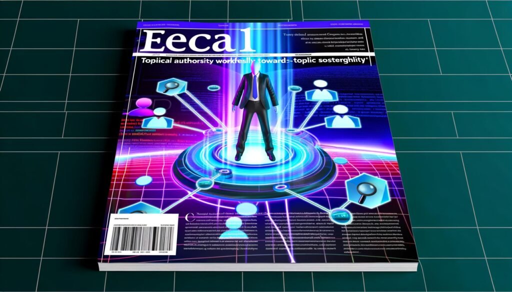 Titelbild im Magazin-Stil mit SEO-Experten auf digitaler Plattform, umgeben von Icons für Themencluster, Entitäten, technische SEO-Elemente und stilisierter Google-Suchergebnis-Seite im Hintergrund, moderne Farben.