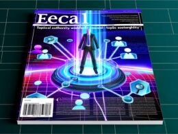 Titelbild im Magazin-Stil mit SEO-Experten auf digitaler Plattform, umgeben von Icons für Themencluster, Entitäten, technische SEO-Elemente und stilisierter Google-Suchergebnis-Seite im Hintergrund, moderne Farben.
