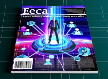 Titelbild im Magazin-Stil mit SEO-Experten auf digitaler Plattform, umgeben von Icons für Themencluster, Entitäten, technische SEO-Elemente und stilisierter Google-Suchergebnis-Seite im Hintergrund, moderne Farben.