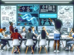 Junges Tech-Team in kreativem Workspace, diskutiert Plasmic Custom Backend und komplexe Datenstrukturen vor Whiteboards und Monitoren.