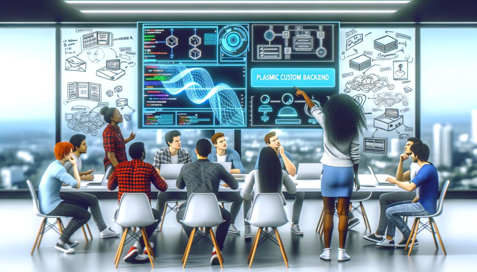 Junges Tech-Team in kreativem Workspace, diskutiert Plasmic Custom Backend und komplexe Datenstrukturen vor Whiteboards und Monitoren.